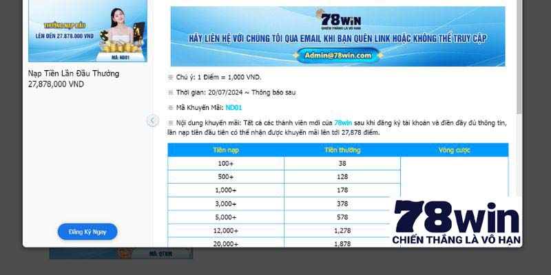Điều kiện tham gia khuyến mãi thưởng nạp đầu tại 78win