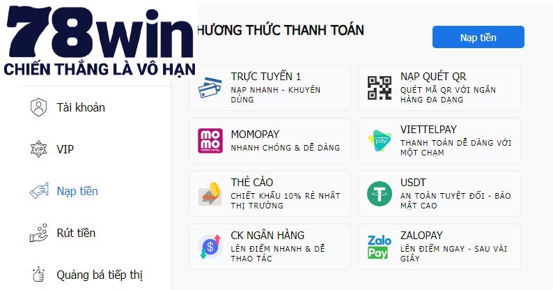 Nạp tiền 78win với các bước dễ dàng cho hội viên